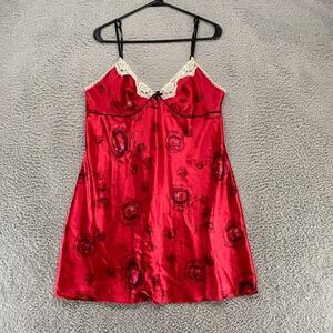 Y2K Babydoll Dress Womens Large Red Roses Lace Nightgown Slip Dress Gilligan